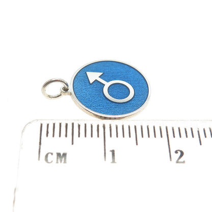 925 Sterling Silver Blue Enamel Male Symbol Round Tag Minimalist Charm Pendant