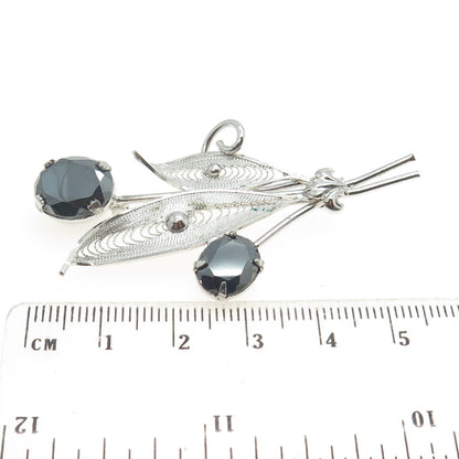 SORRENTO 925 Sterling Silver Antique Real Hematite Gem Floral Filigree Brooch