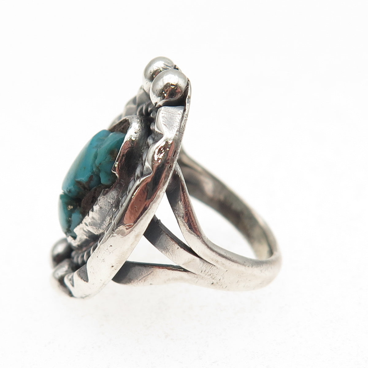 Old Pawn Sterling Silver Vintage Southwestern Turquoise Tribal Ring Size 3.75