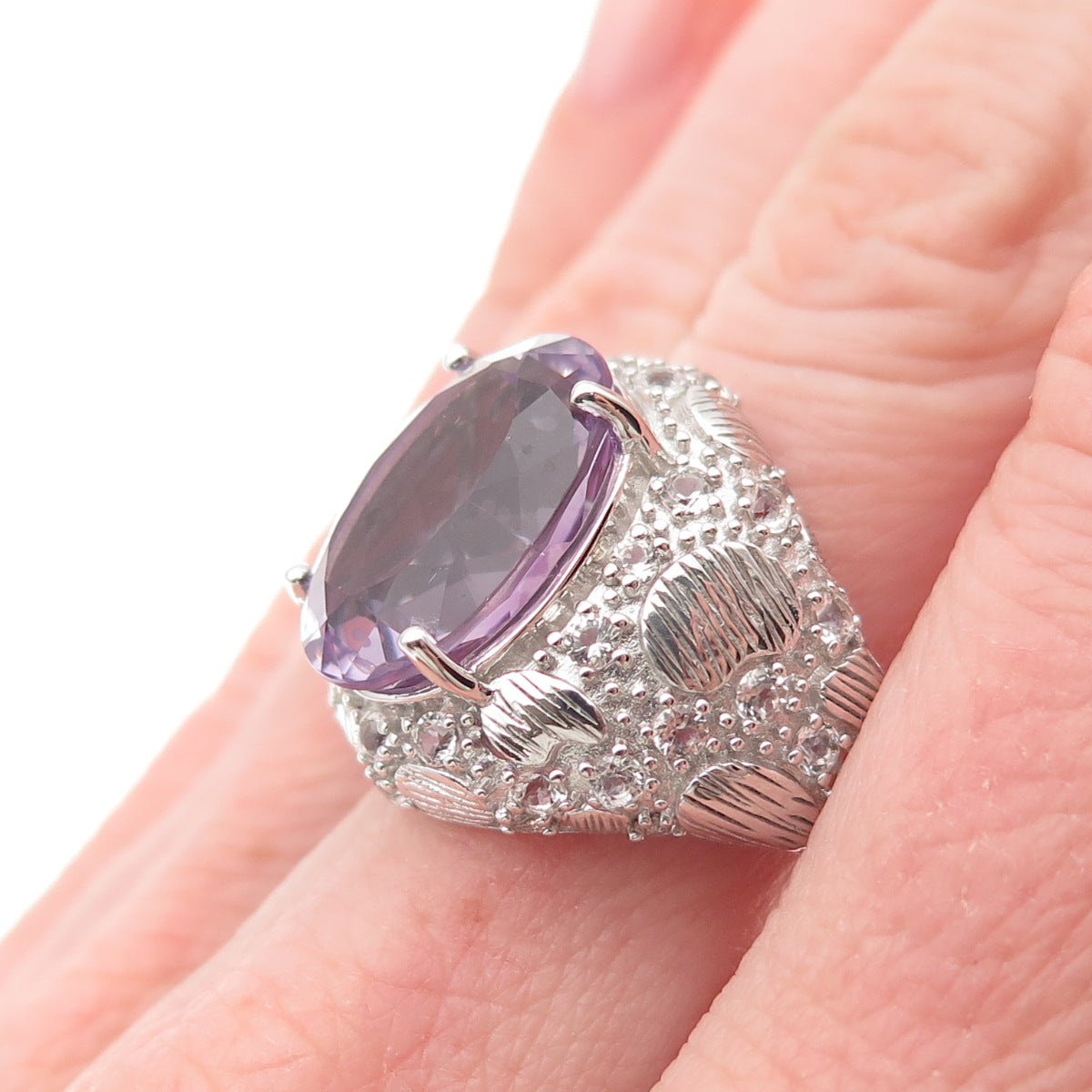 DSMK 925 Sterling Silver Real Amethyst & White Topaz Statement Ring Size 7