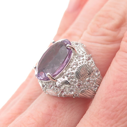 DSMK 925 Sterling Silver Real Amethyst & White Topaz Statement Ring Size 7
