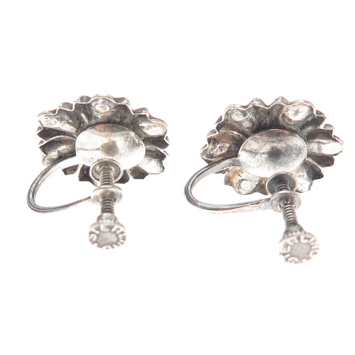 925 Sterling Silver Antique Daisy Flower Screw Back Oxidized Earrings
