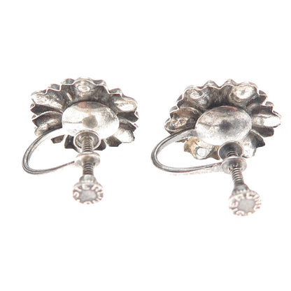 925 Sterling Silver Antique Daisy Flower Screw Back Oxidized Earrings
