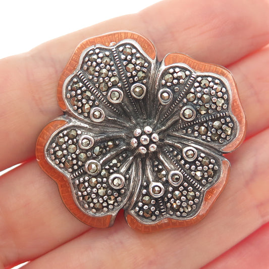 925 Sterling Silver Vintage Enamel Real Marcasite Flower Oxidized Pin Brooch