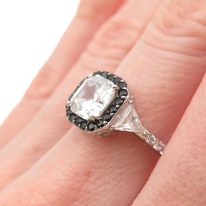 925 Sterling Silver Real Black Spinel & C Z Ring Size 7