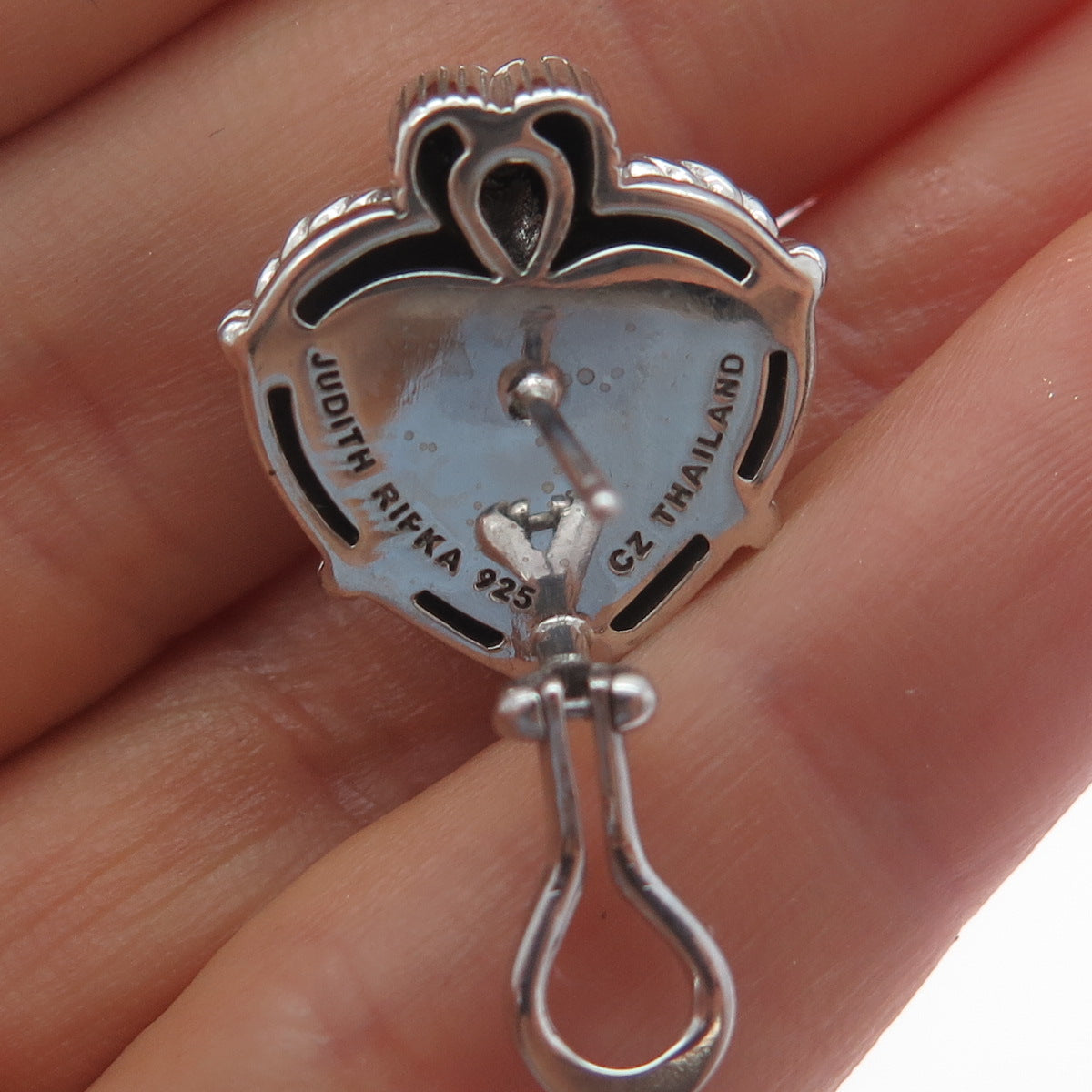 JUDITH RIPKA 925 Sterling Silver Real MOP & C Z Heart Omega Back Earrings