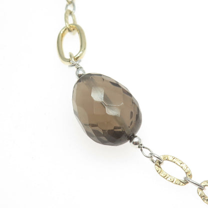 925 Sterling Silver 2-Tone Vintage Italy Real Smoky Quartz Chain Necklace 18"