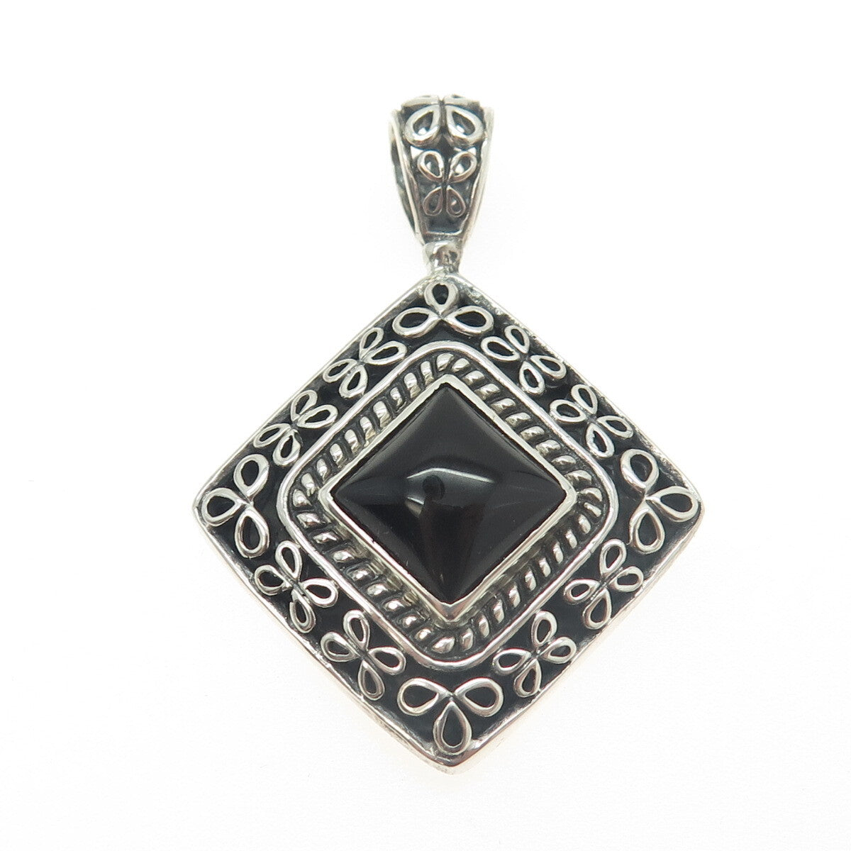 925 Sterling Silver Vintage Real Black Onyx Floral Pendant