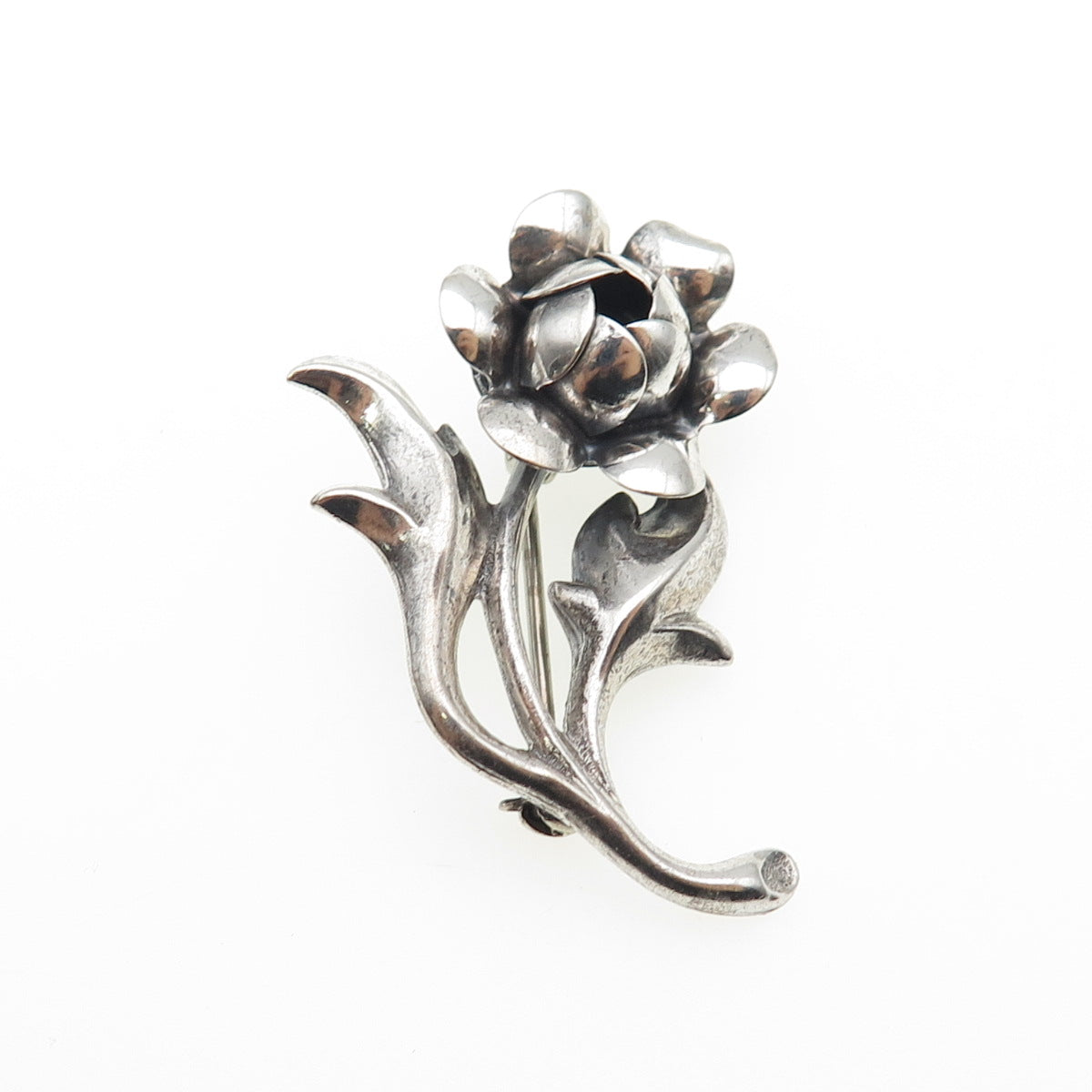 BEAU 925 Sterling Silver Vintage Rose Flower Oxidized Pin Brooch