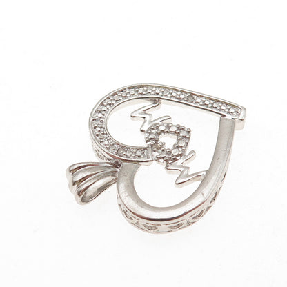 925 Sterling Silver Real Round-Cut Diamond Mom Heart Charm Pendant
