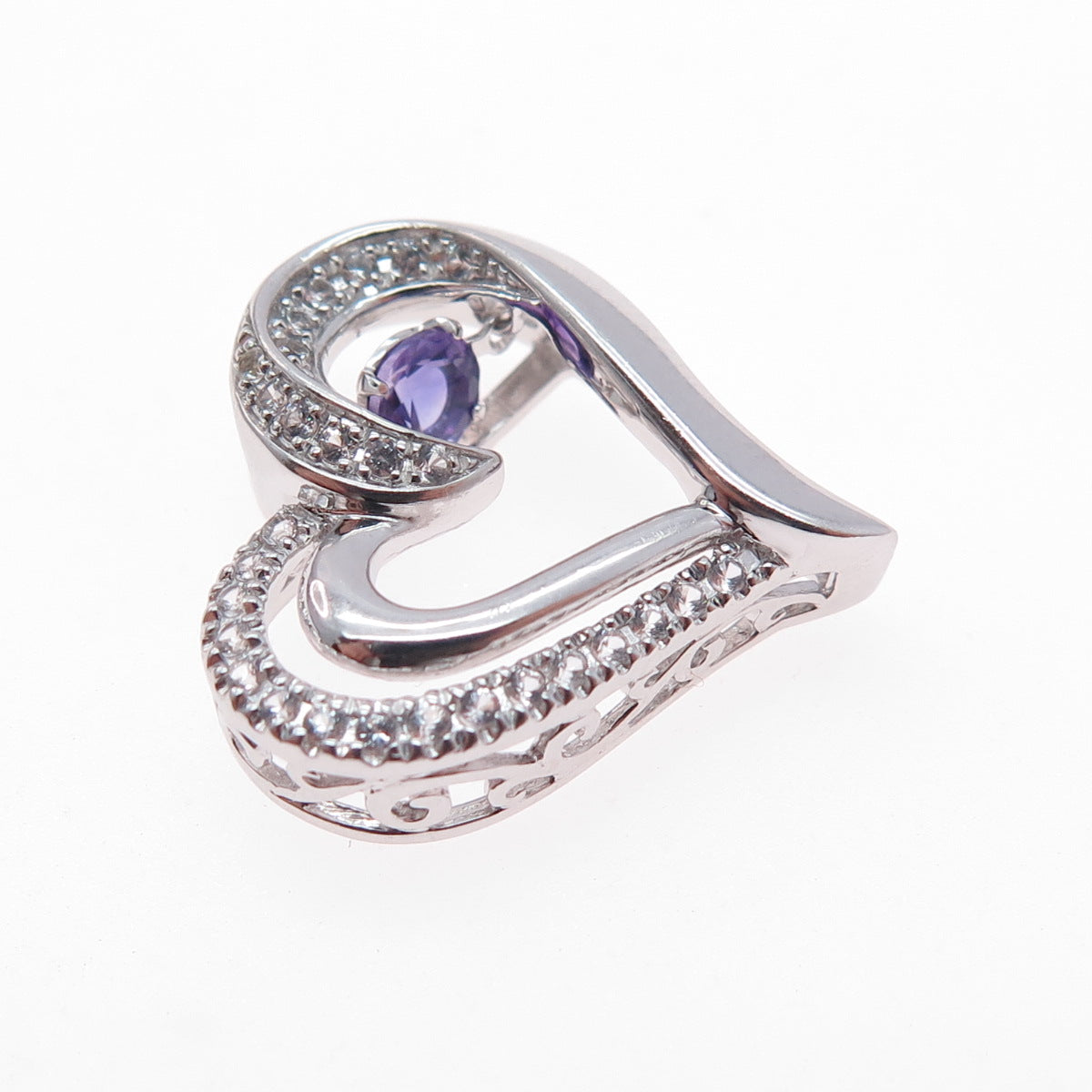 925 Sterling Silver Real White Topaz & Amethyst Heart Mini Slide Charm Pendant