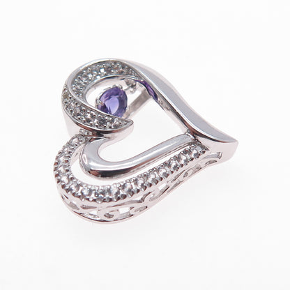 925 Sterling Silver Real White Topaz & Amethyst Heart Mini Slide Charm Pendant