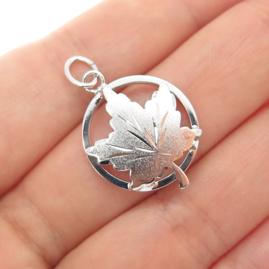 925 Sterling Silver Front Vintage EMC Maple Leaf Minimalist Charm Pendant