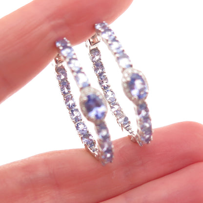D'Joy 925 Sterling Silver Real Tanzanite White Topaz In & Out Hoop Earrings