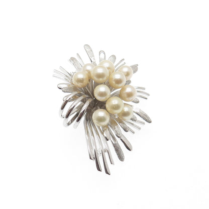 925 Sterling Silver Vintage Real Pearl Modernist Flower Pin Brooch