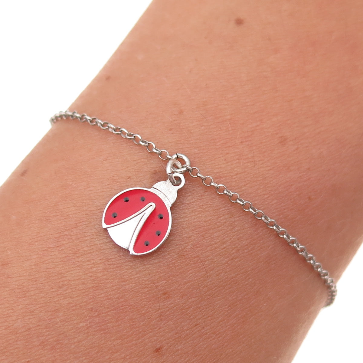Stroili 925 Sterling Silver Italy Enamel Ladybug Rolo Link Bracelet 6.25-7.25"