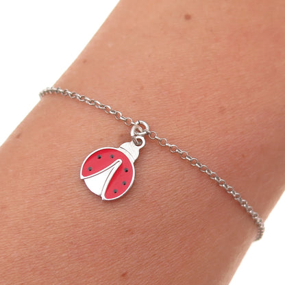 Stroili 925 Sterling Silver Italy Enamel Ladybug Rolo Link Bracelet 6.25-7.25"