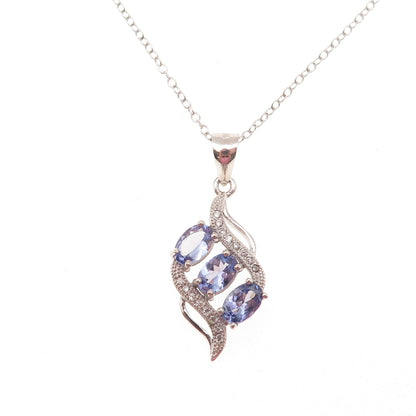925 Sterling Silver Real Oval-Cut Tanzanite & C Z Cable Chain Necklace 18"