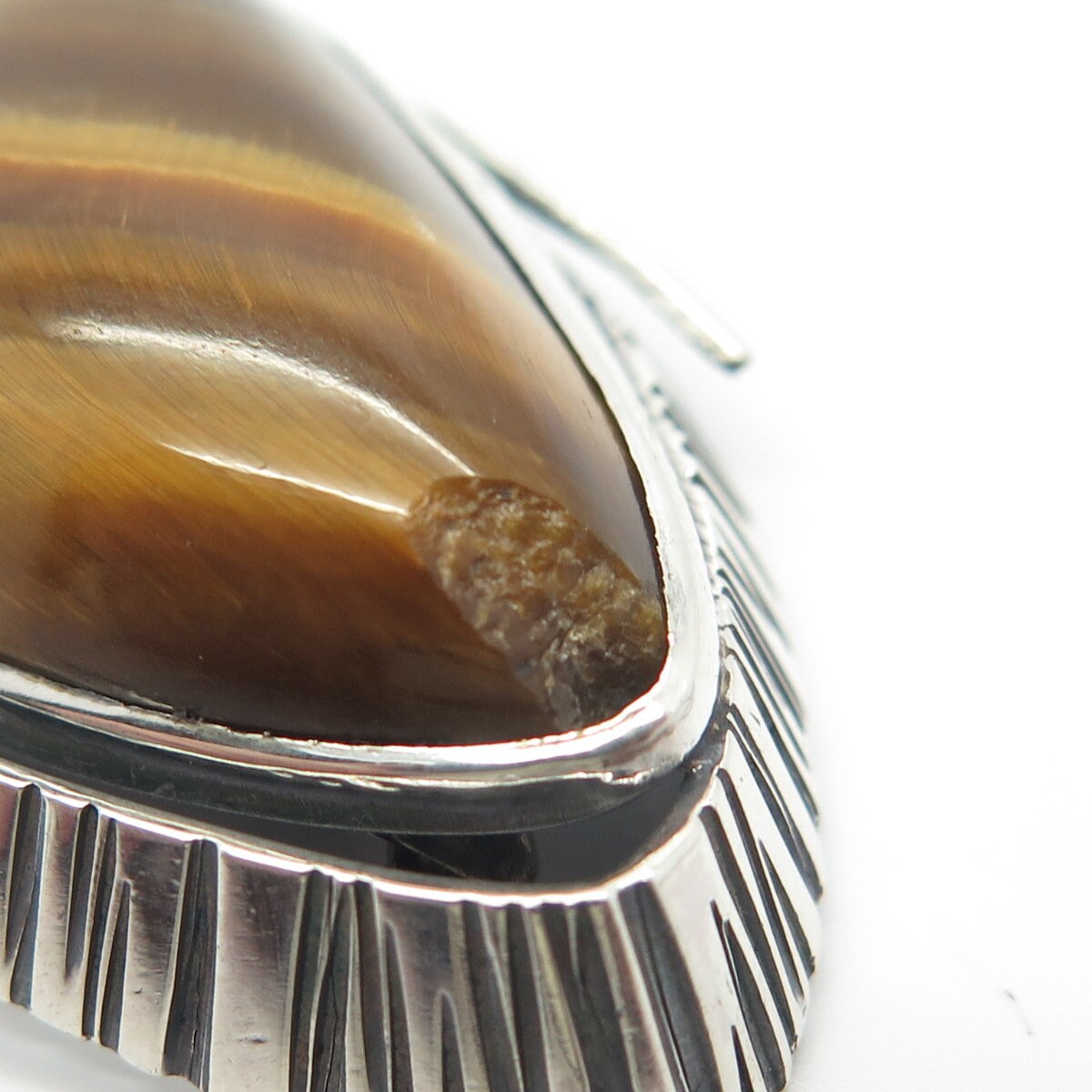 925 Sterling Silver Vintage Real Tiger Eye Gemstone Pin Brooch