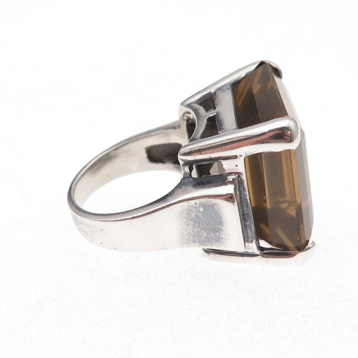 950 Silver Vintage Real Emerald-Cut Smoky Quartz Oxidized Ring Size 7