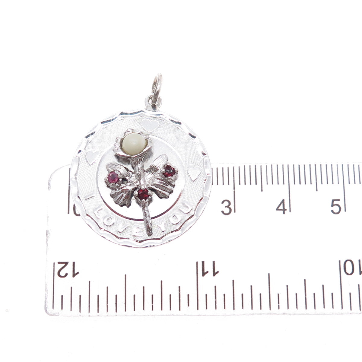 925 Sterling Silver Vintage Faux Pearl Real Ruby & Red Garnet I Love You Pendant