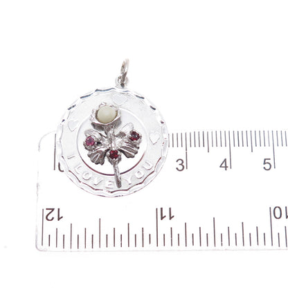 925 Sterling Silver Vintage Faux Pearl Real Ruby & Red Garnet I Love You Pendant