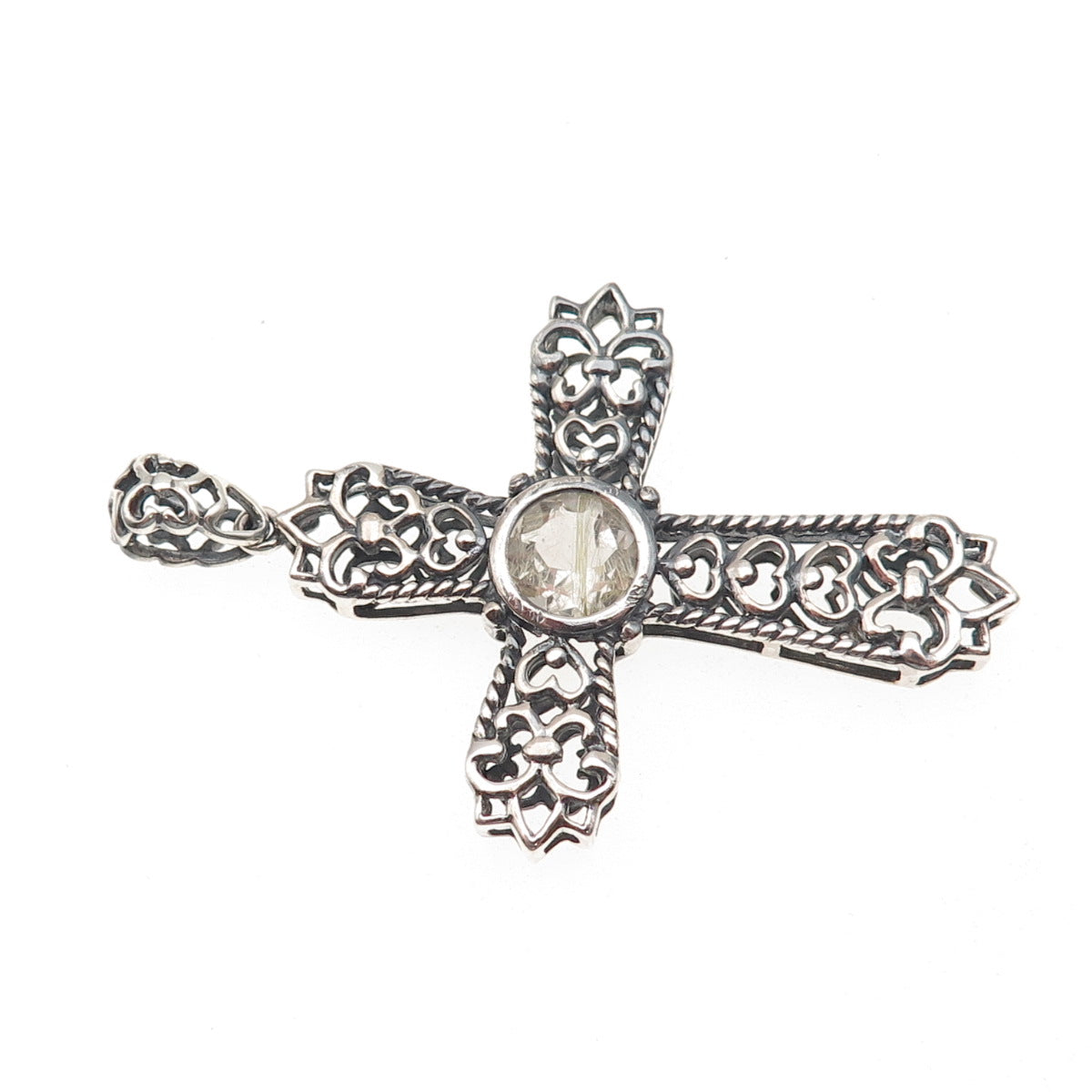 925 Sterling Vintage Real Rutilated Quartz Cross Fleur de Lis Charm Pendant