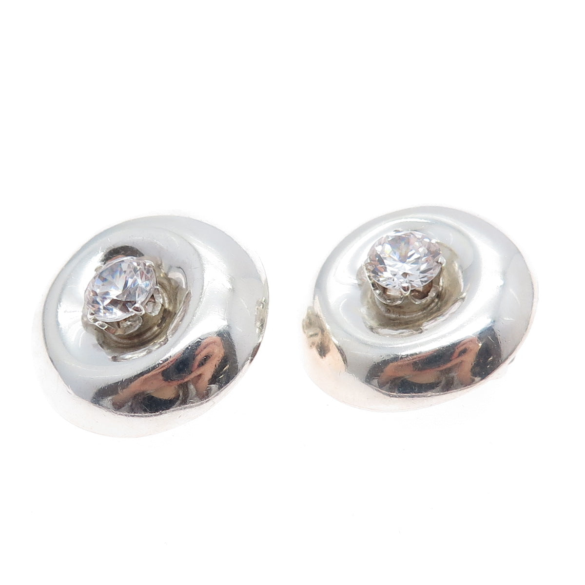 925 Sterling Silver Vintage Mexico Round-Cut C Z Modernist Clip On Earrings