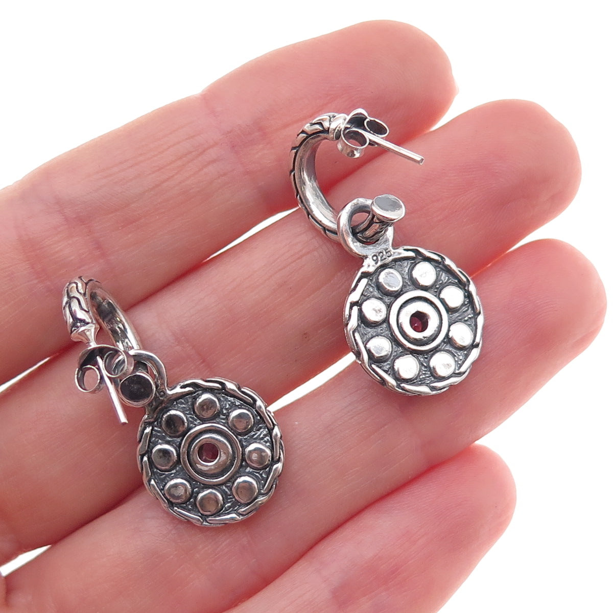925 Sterling Silver Vintage Real Amethyst Dangle Charm Hoop Earrings