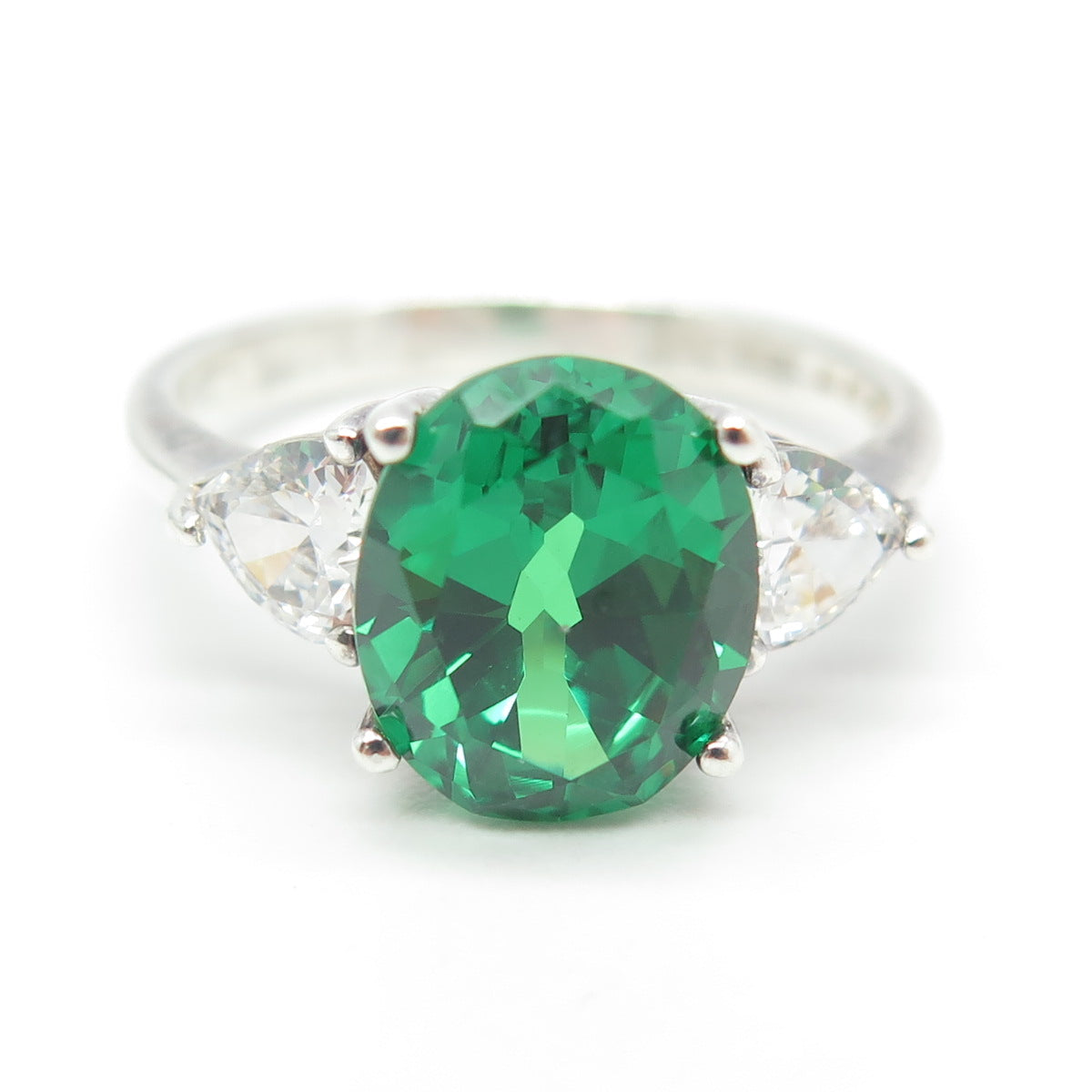 925 Sterling Silver Oval & Heart-Cut Green White C Z Ring Size 8.75
