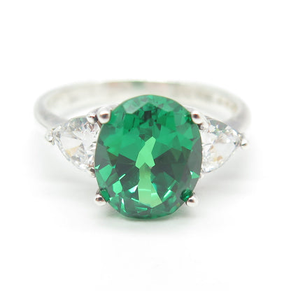 925 Sterling Silver Oval & Heart-Cut Green White C Z Ring Size 8.75