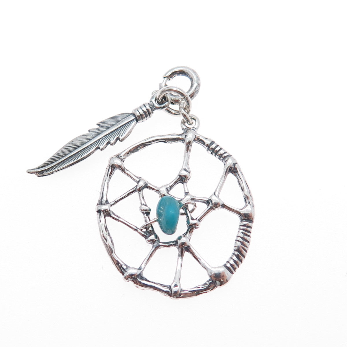 SHUBE Sterling Vintage Turquoise Dreamcatcher Feather Spring Ring Lock Pendant