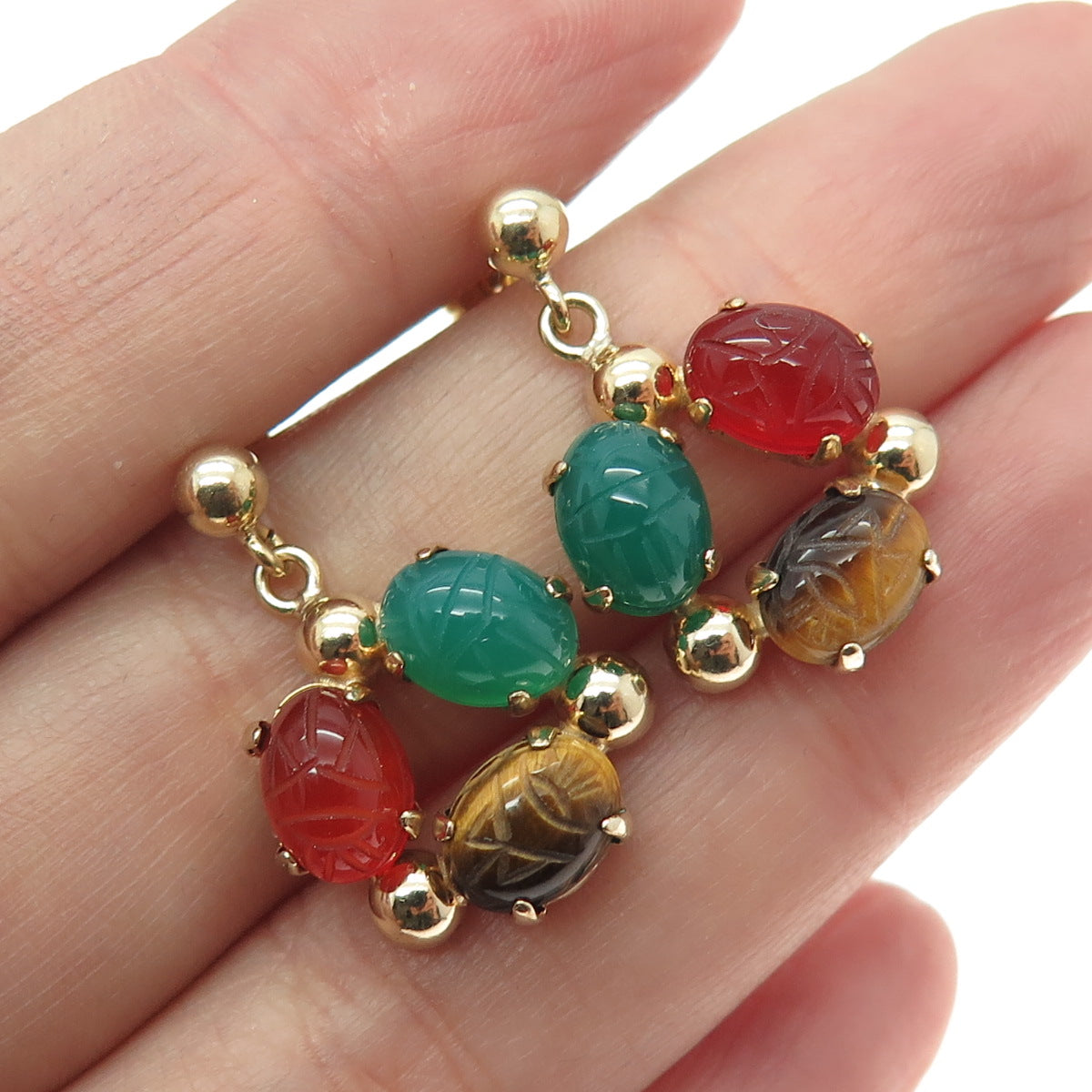 Gold Filled Vintage Real Chalcedony Tiger Eye & Carnelian Gemstone Earrings