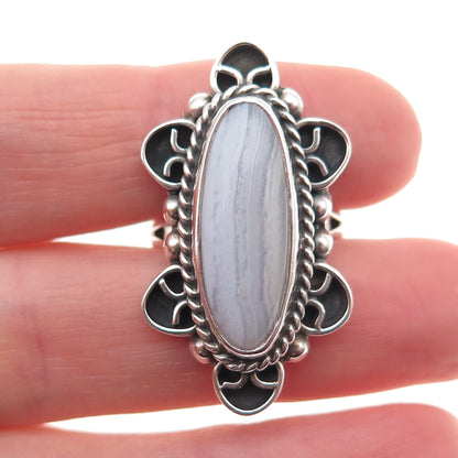 925 Sterling Silver Vintage CII Mexico Real Lace Agate Oxidized Ring Size 7