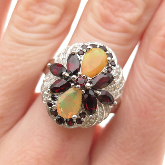 HT Harold Trujillo 925 Sterling Silver Real Diamond Opal Red Garnet Ring Size 9