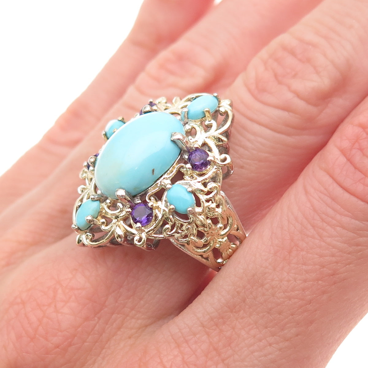 Chuck Clemency 925 Sterling Silver 2-Tone Real Turquoise Amethyst Ring Size 8.25