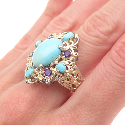 Chuck Clemency 925 Sterling Silver 2-Tone Real Turquoise Amethyst Ring Size 8.25