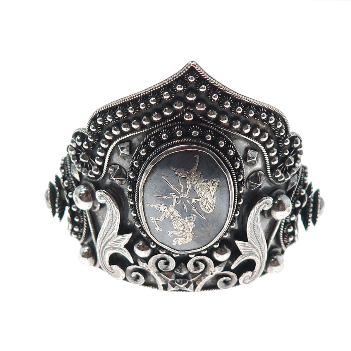 THAI NAKON 939 Silver Antique Siam Niello Hindu Goddess Oxidized Bracelet 7.25"