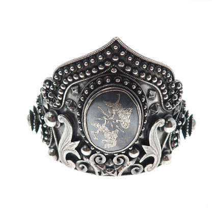 THAI NAKON 939 Silver Antique Siam Niello Hindu Goddess Oxidized Bracelet 7.25"