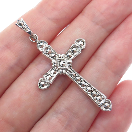 THEDA 925 Sterling Silver Vintage Real Marcasite Cross Religious Pendant
