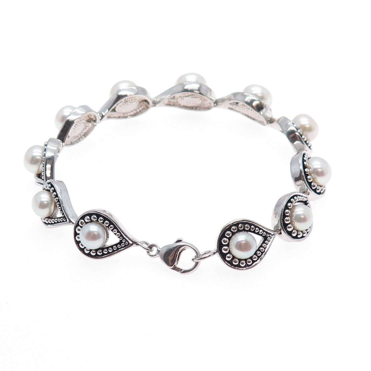 ROSS SIMONS 925 Sterling Silver Vintage Real Pearl Teardrop Link Bracelet 7.5"