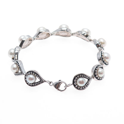 ROSS SIMONS 925 Sterling Silver Vintage Real Pearl Teardrop Link Bracelet 7.5"