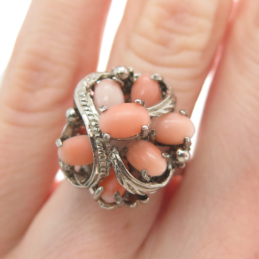 925 Sterling Silver Vintage Real Coral Floral Ring Size 5.25