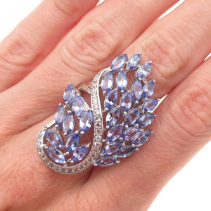 925 Sterling Silver Real Marquise-Cut Tanzanite & White Topaz Floral Ring Size 8