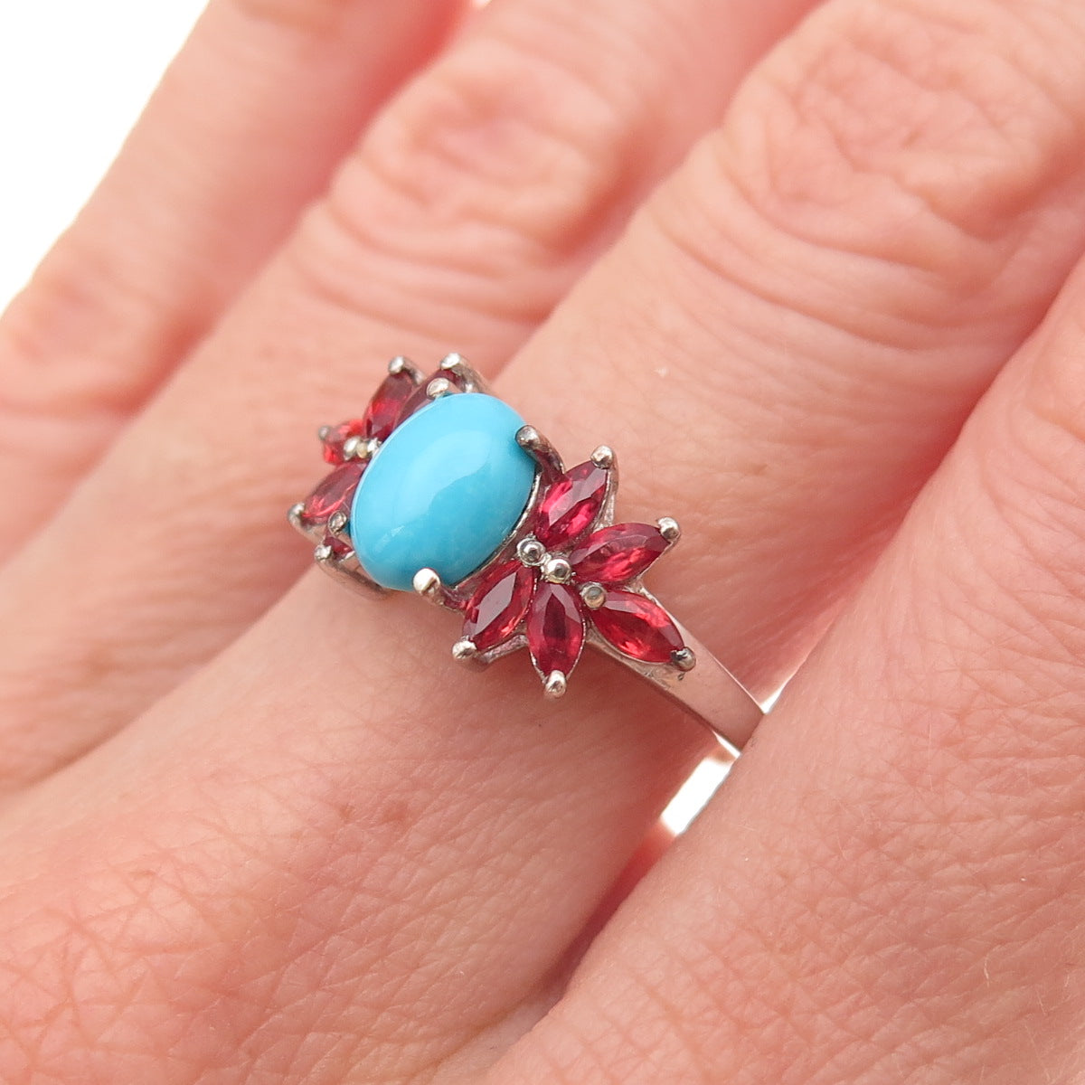 Chuck Clemency 925 Sterling Silver Real Turquoise & Red Sapphire Ring Size 8.25