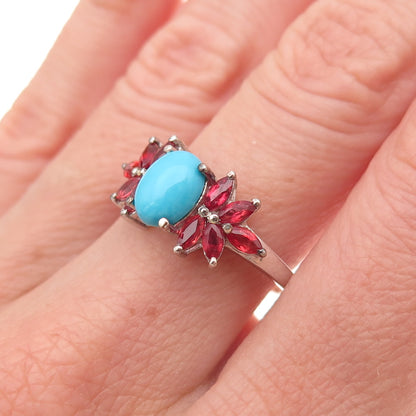 Chuck Clemency 925 Sterling Silver Real Turquoise & Red Sapphire Ring Size 8.25