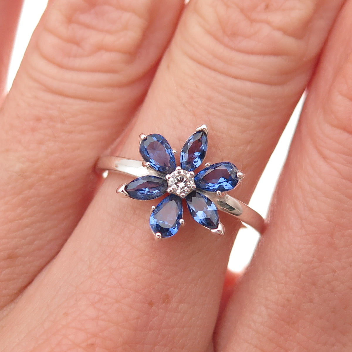 Pandora Sterling Silver Blue & White C Z Sparkling Herbarium Ring Size 6.75