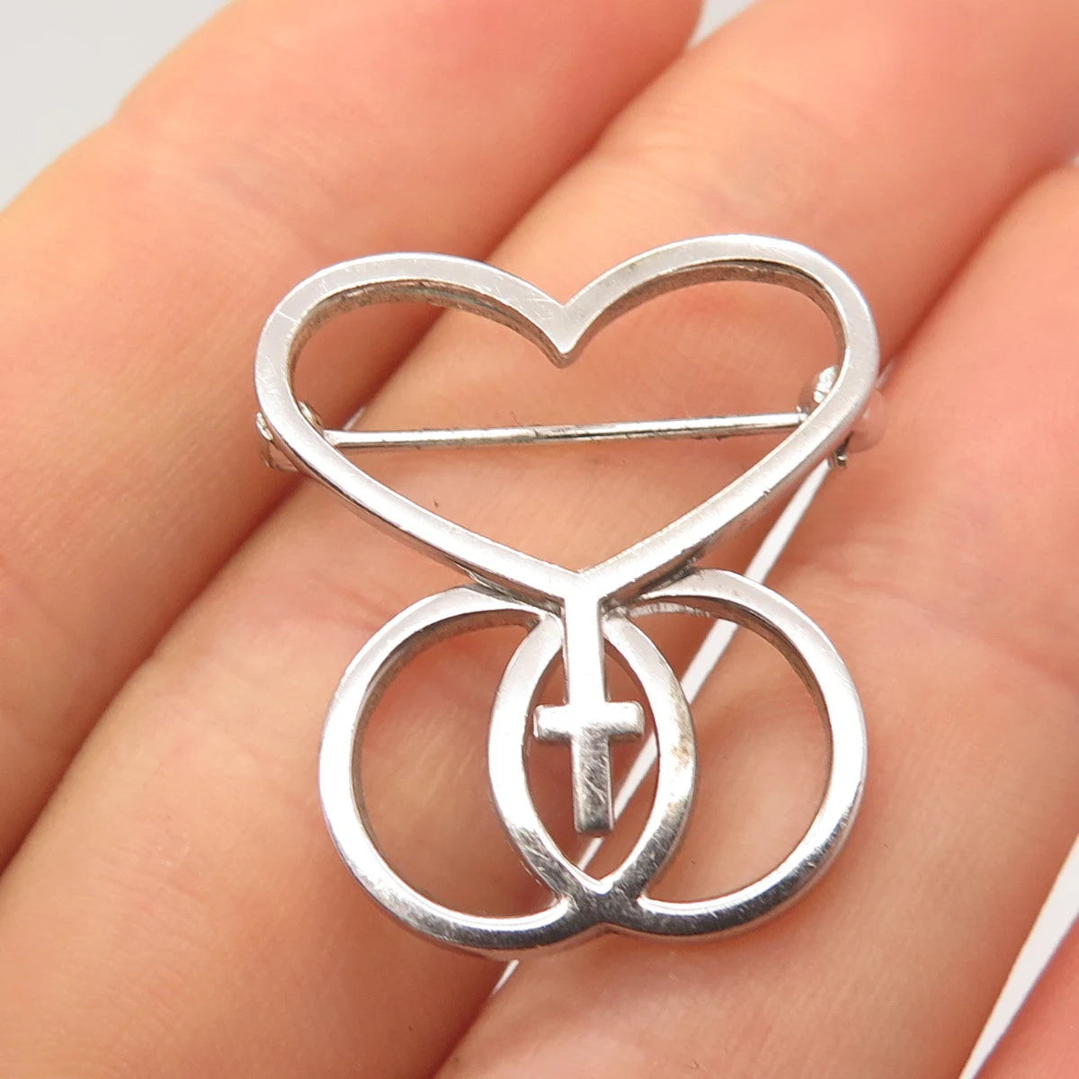 925 Sterling Silver Vintage Heart Cross Circles Pin Brooch