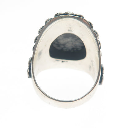 925 Sterling Silver Vintage Snowflake Obsidian Circle Link Oxidized Ring Size 9