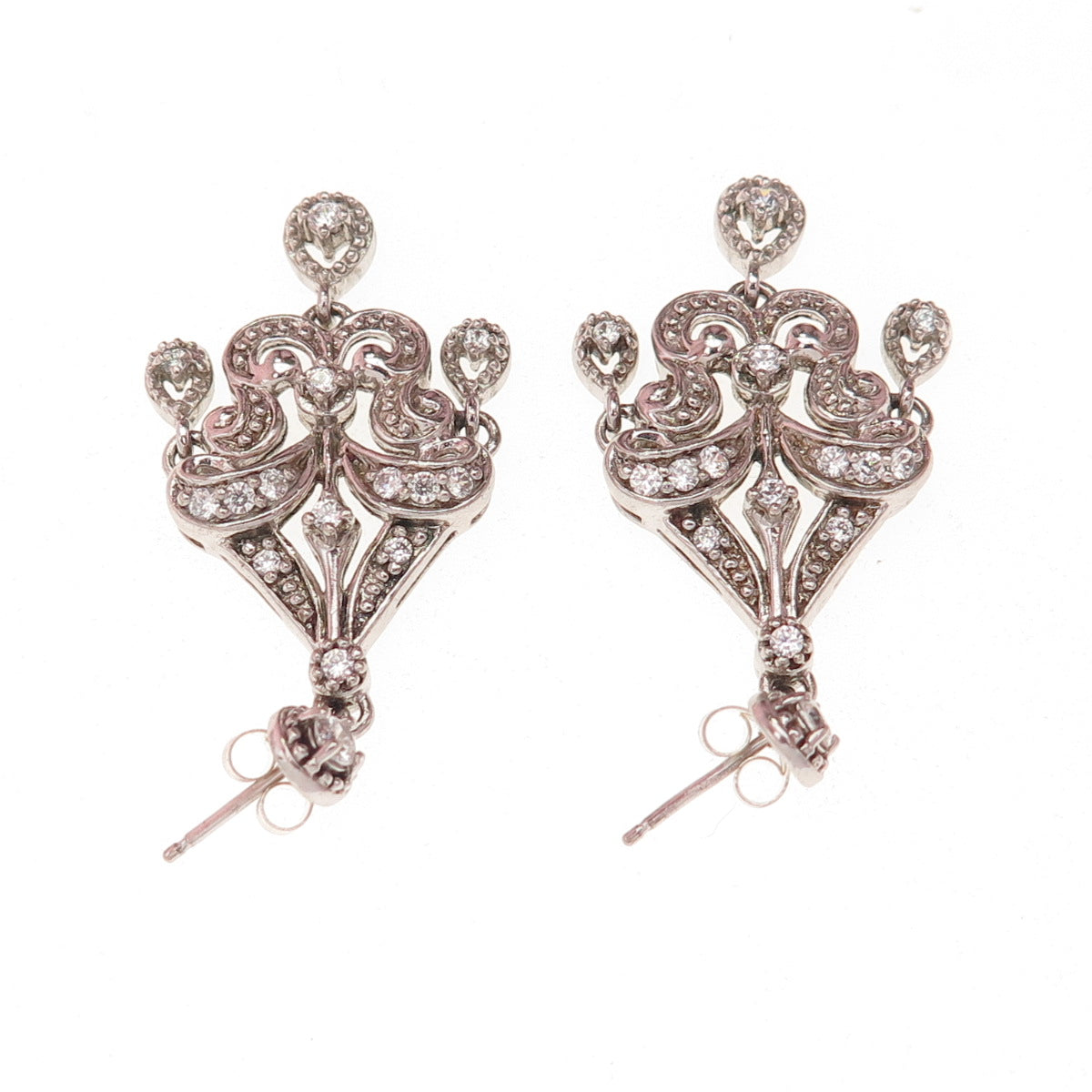 925 Sterling Silver Round-Cut C Z Fleur de Lis Dangle Earrings